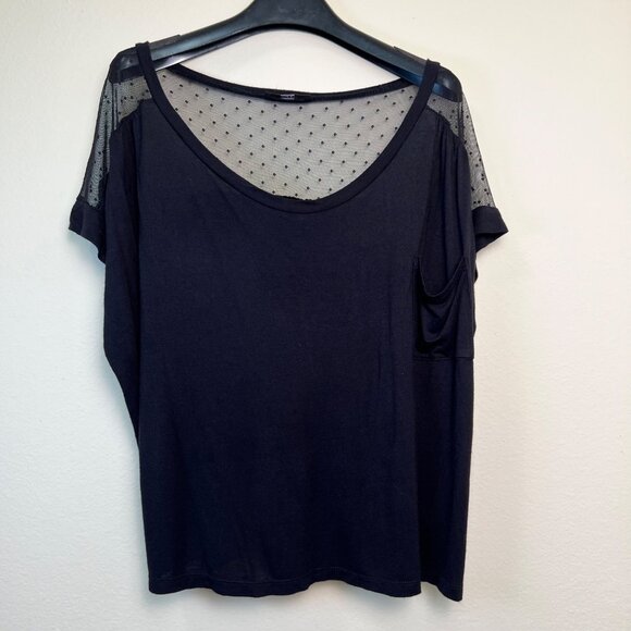 SOPRANO Black Sheer Polka Dot Mesh Panel Short Sleeve Top Size Large - Picture 9 of 9